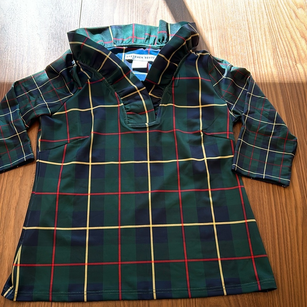 Gretchen Scott Ruffleneck 3/4 Sleeve Top, Size M, Plaid